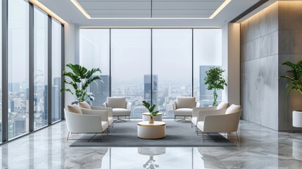 A large, open room with a view of the city