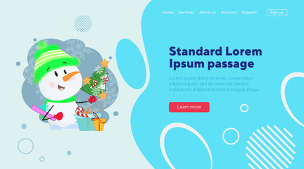 Snowman in green hat vector illustration. Drawing of snowman with fir tree and gift boxes on background with snowflakes. Christmas, holiday concept for banner or landing page