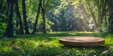 Circular wooden platform placed on lush grass in a sunlit forest, surrounded by tall trees and dappled sunlight.