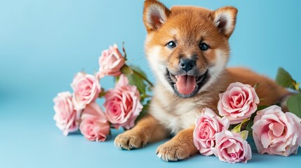 Cute puppy surrounded by pink roses without visible face offers a heartfelt abstract, wallpaper &...