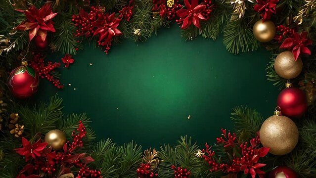 Festive Christmas border with red and gold ornaments, pine branches, and flowers on a green background. Perfect for holiday greetings, blank free space.