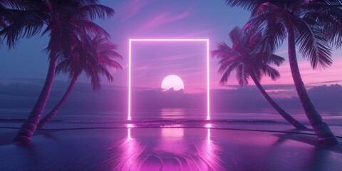 Pink Neon Glow Frame at Sunset on Tropical Beach