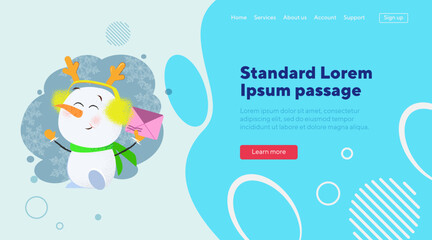 Cute snowman cartoon character. Vector illustration of snowman in earmuffs and green scarf holding letter envelope. Christmas, holiday concept for banner or landing page