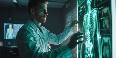 Surgeon in operation room using futuristic user interface to examine patient's 3D spine x-ray scan. Doctor analyzing medical data.