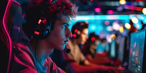 Young konzentrierter Mann mit Headset beim Spielen von Videospielen