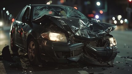 a car that has been hit by a car accident on a city street at night with its hood up..