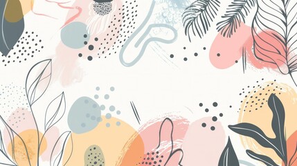 Colorful abstract background with leaves, flowers, and shapes on beige, pink, and blue background
