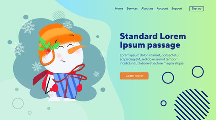 Smiling snowman cartoon character. Drawing of snowman in orange hat and red scarf holding gift box. Christmas, holiday concept for banner or landing page design