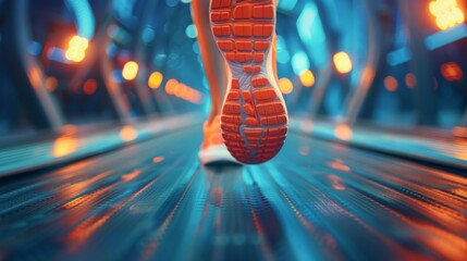 Close-up of running shoes on a treadmill with lights in the background. Sports and fitness concept