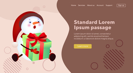 Surprised snowman sitting and holding gift box. Christmas, holiday, celebration concept for banner, website design, landing page
