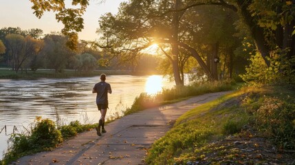 A man jogging along a scenic riverside trail at dawn.