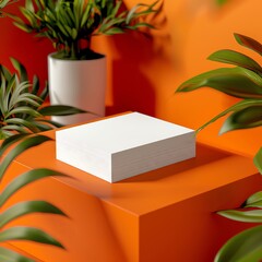 White box on orange surface with green plants