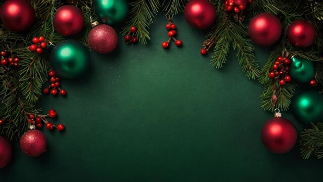 Festive Christmas border with red and green ornaments, pine branches on a green background. Perfect for holiday greetings, blank free space.