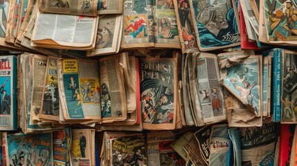 Nostalgic background of old comic books, showcasing colorful covers and aged pages