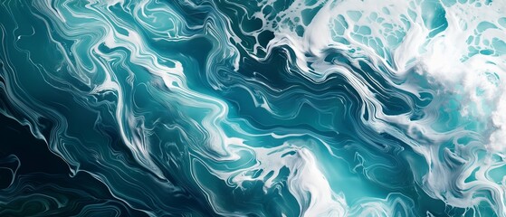 Obraz premium The image is of a wave with a blue and white color scheme. Abstract water ocean wave, aqua and teal texture. Water wave web banner Graphic Resource as background. Backdrop for copy space text