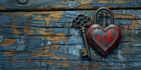 Rustic Heart Lock with Vintage Key. Rustic heart-shaped padlock with vintage key on weathered wooden surface, symbolizing love and security in a nostalgic setting. Banner with copy space