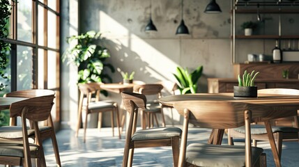 Contemporary wooden furniture in cafe setting with space for text