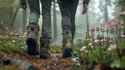 Two people hiking in a forrest.