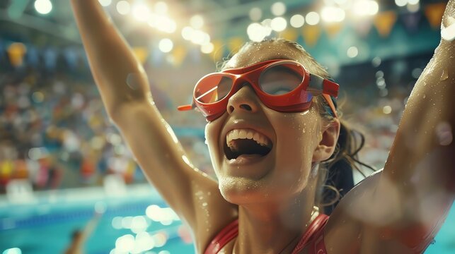 A female swimmer celebrates a victory in the pool, arms raised in triumph.