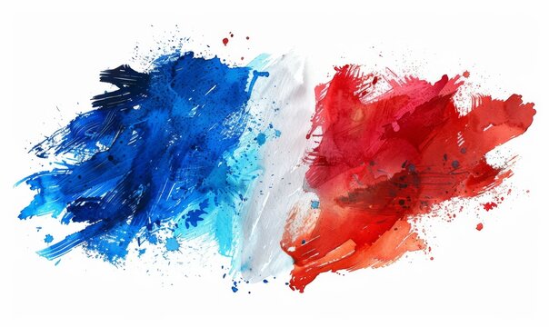Watercolor abstract splashes background in France flag colors. Template for national holidays or celebration background.