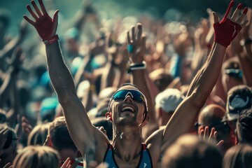 Fototapeta premium A man with his arms raised in the air, cheering in a crowd of people at a festival.