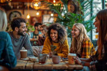 Joyful Friends Enjoying Coffee Together at Rustic Cafe