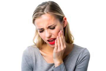 Woman experiencing severe toothache at home,
displaying pain and discomfort isolated on white background