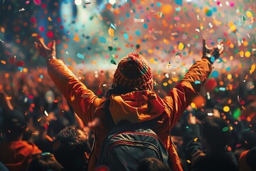 A person in an orange jacket celebrates with arms raised at a concert, confetti raining down on the crowd.