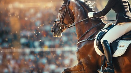 A rider on a chestnut horse leaps over an obstacle in a competition, with the crowd blurred in the background.