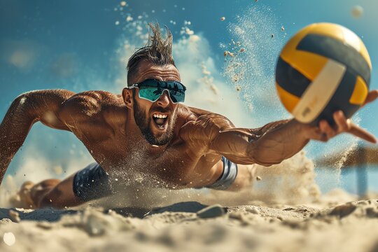 A muscular man dives for a volleyball on a sandy beach