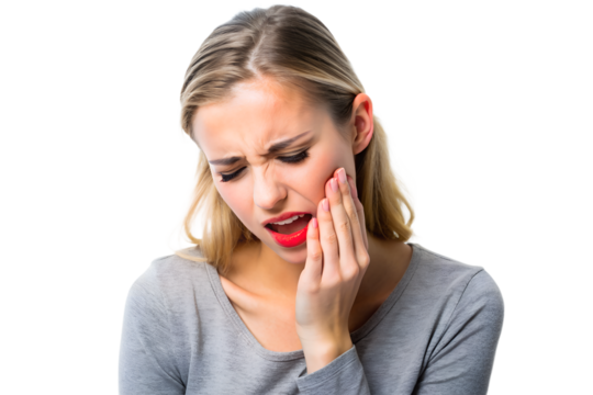 Woman experiencing severe toothache at home, 
displaying pain and discomfort isolated on white background
