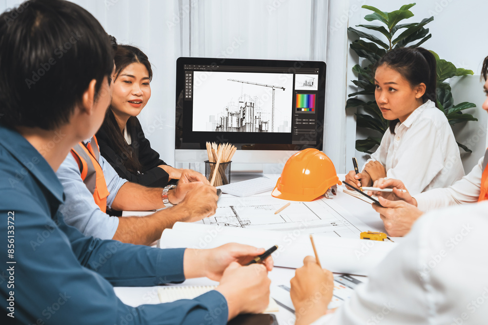Poster diverse group of civil engineer and client working together on architectural project, reviewing cons