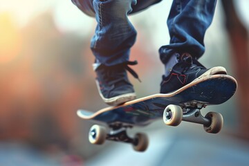 Closeup of a skateboarder's feet mid-air during a trick.  The skateboarder is wearing blue jeans and black sneakers.  The background is blurred.