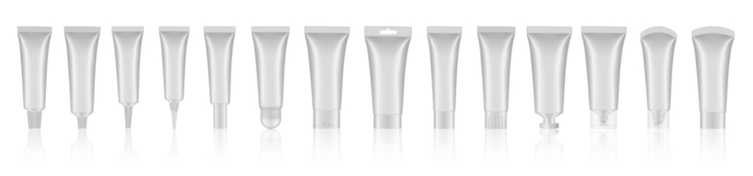 Set of white cosmetic tubes. Closed blank tubes with caps. Realistic mockup. Long nozzle tube. for ointment or salve. Gel serum. Korean packaging. Lip gloss. Toothpaste. Hand cream