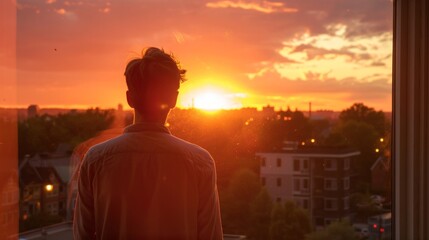 Contemplating Life's New Beginnings - Person looking at sunset over the new neighborhood from the window.