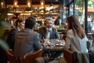 Business Team Having a Discussion Over Coffee in a Modern Cafe