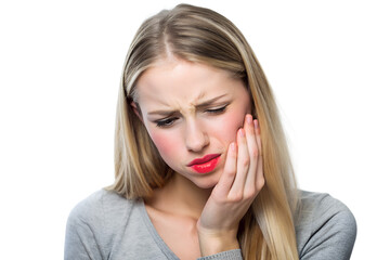 Fototapeta premium Woman experiencing severe toothache at home, displaying pain and discomfort isolated on white background