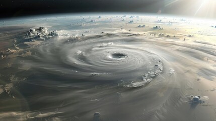 Aerial view of a massive cyclone forming over the ocean with dramatic swirling clouds and powerful weather patterns.