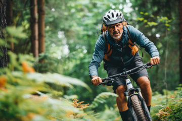 Mature Man Mountain Biking Through a Forest Trail