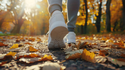 A person walks through a park covered in fallen leaves during a sunny autumn day. The focus is on their white sneakers as they step over the colorful leaves