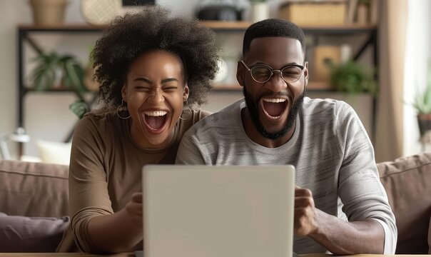 Excited Overjoyed Couple Winning Money Prize, Getting Happy Notice, Making Winner Yes Hands, Laughing, Screaming For Joy, Sitting On Sofa, Celebrating Success At Laptop At Home