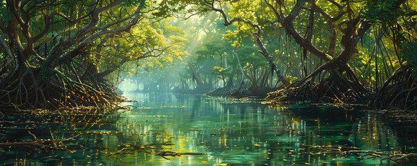 A tranquil mangrove forest teeming with life, with tangled roots and vibrant green foliage reflected in calm waters.