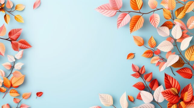 Minimalistic autumn header featuring bright and colorful autumn leaves on a serene blue sky background, contemporary and trendy design, ideal for website banners or covers