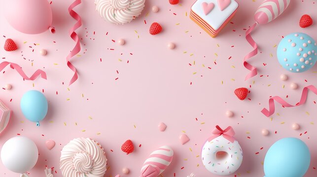 Monochromatic cartoon flat design of anniversary points background, top view birthday theme, with streamers, balloons, cakes, and presents, festive and lively layout