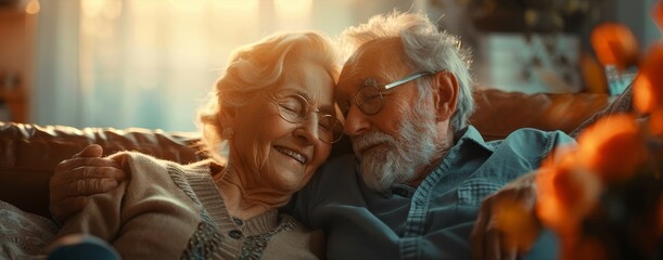 Fototapeta premium Positive dreamy senior grandpa and grandma relaxing on comfortable sofa at home, hugging with love, warmth, affection, talking, discussing retirement, smiling, laughing, looking away, thinking