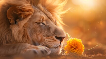 Peaceful lion holding an orange marigold flower, close-up view with the expansive golden African savannah behind, the warm sunlight accentuating the lion's serene and powerful presence