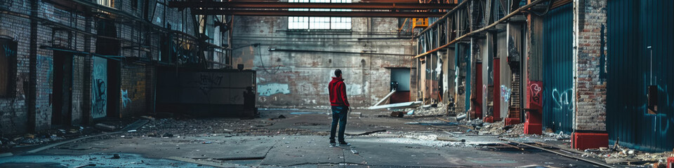 Fototapeta premium A lone man stands in the middle of an abandoned industrial building with graffiti on the walls