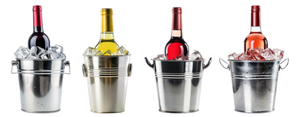 Set Of Wine Bottles In Ice Bucket Coolers. Red, Rose And White Wine On Ice. Ai Generated
