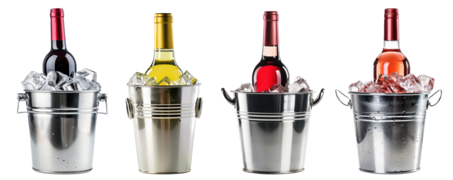 Set Of Wine Bottles In Ice Bucket Coolers. Red, Rose And White Wine On Ice. Ai Generated
 - Powered by Adobe
