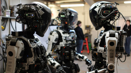Fototapeta premium Three humanoid robots stand in a workshop, their backs to the camera, facing forward. The robots have complex wiring and circuitry, appearing to be in a development phase